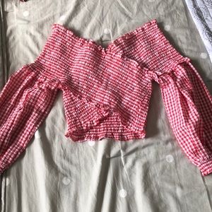 NWT Red/white checkered off the shoulder M top